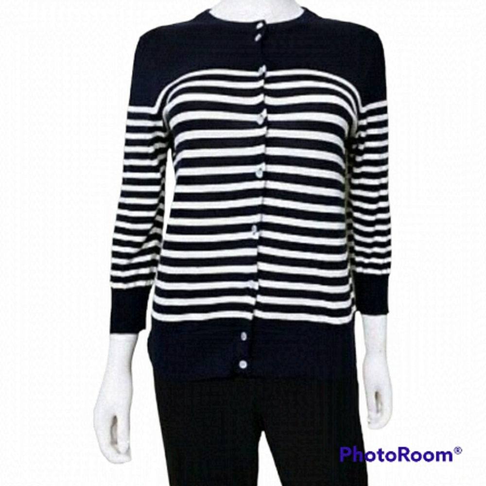 J. Crew Womens The Clare Cardigan Size XS Navy Blue Striped Button Up 3/4…